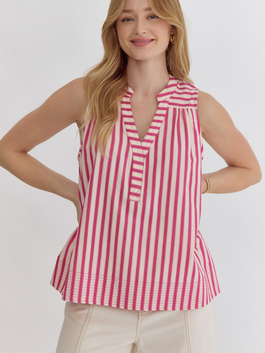 Hot Pink Striped V-Neck Sleeveless Top - Themasonboutique