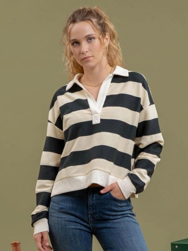 Hunter & Cream Wide Stripe Collared Top - Themasonboutique