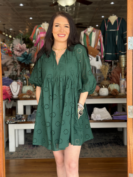 Hunter Green Eyelet Mini Dress