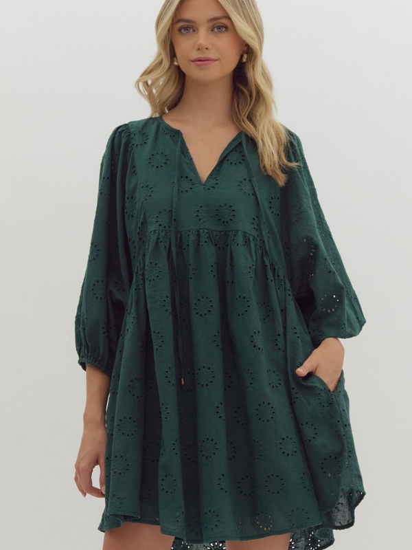 Hunter Green Eyelet Mini Dress - Themasonboutique