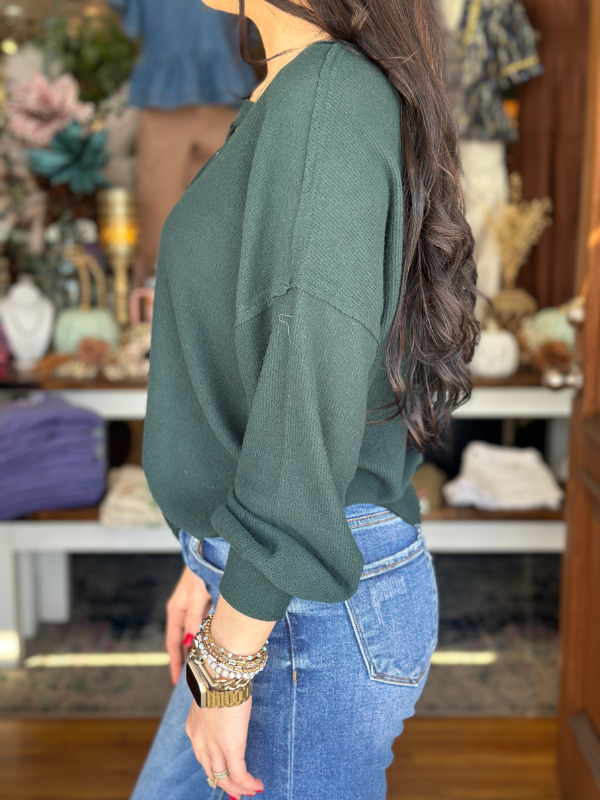 Hunter Green Half Button Knit Top - Themasonboutique