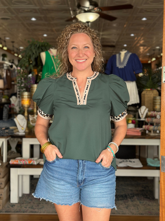 Hunter Green & Leopard Trim Top