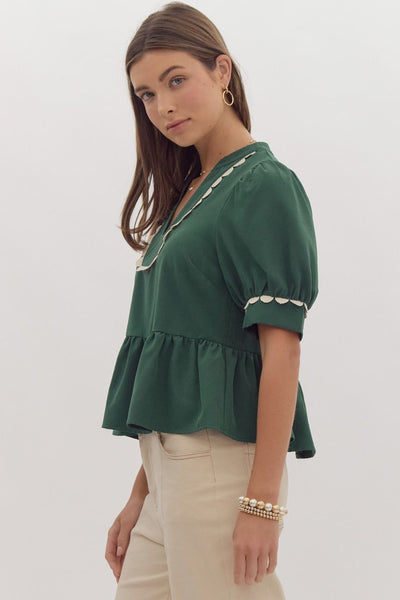 Hunter Green Rik Rak Peplum Top - Themasonboutique