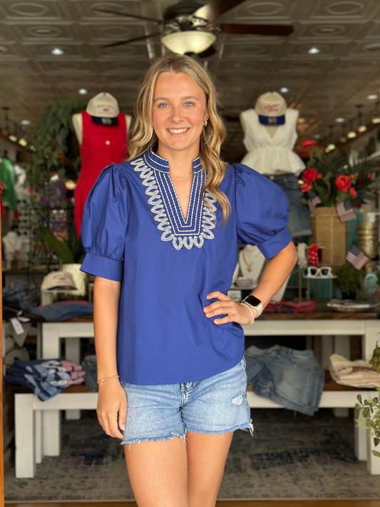 Indigo Puff Sleeve Embroidered Top