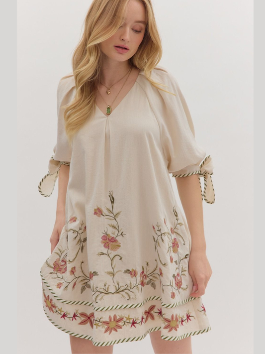Ivory Linen Embroidered Dress