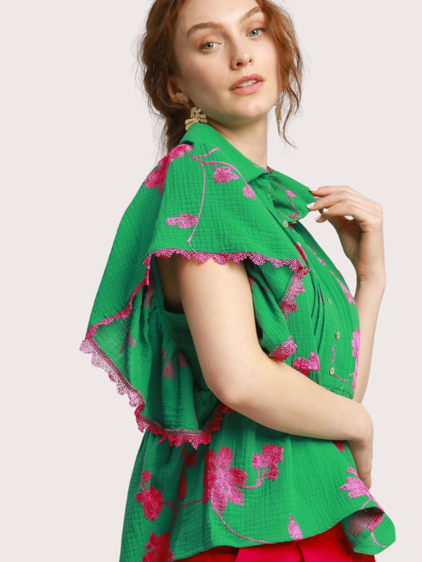 Kelly Green + Magenta Embroidered Top