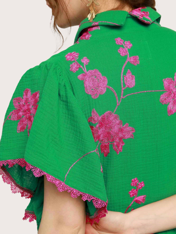 Kelly Green + Magenta Embroidered Top