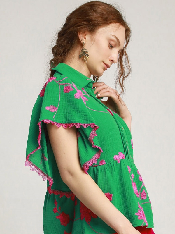 Kelly Green + Magenta Embroidered Top