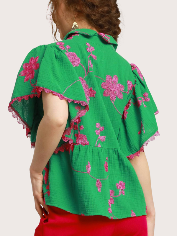 Kelly Green + Magenta Embroidered Top