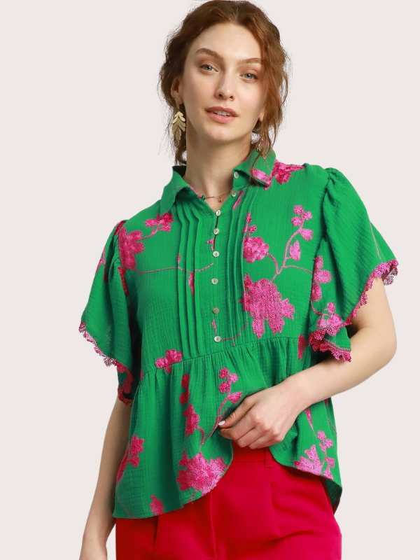 Kelly Green + Magenta Embroidered Top