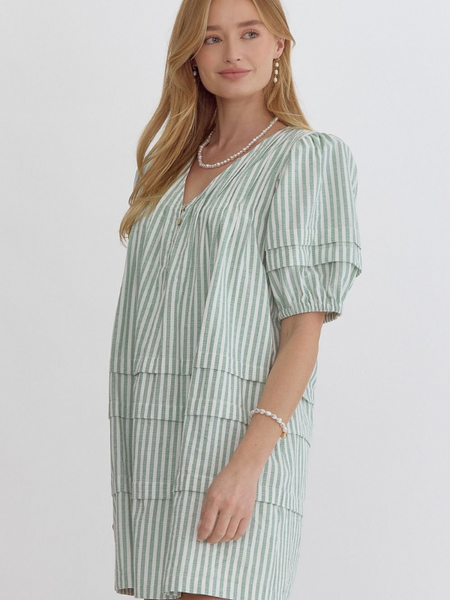 Kelly Green Striped Puff Sleeve Mini Dress