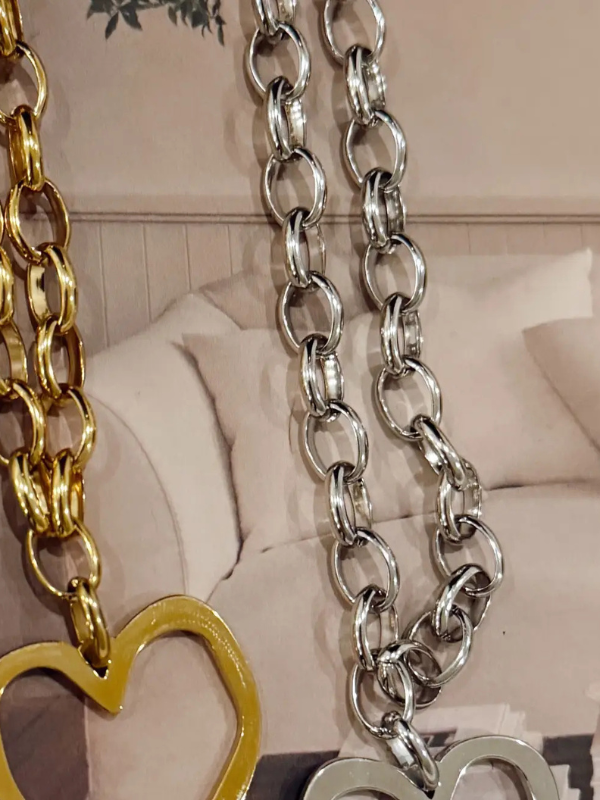 Gold and silver chain necklaces on a magazine background