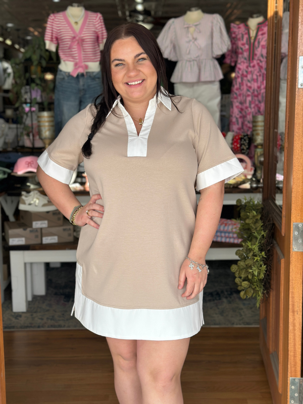 Latte & White Collared T-Shirt Dress