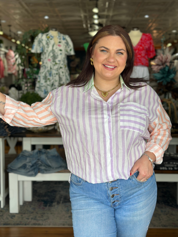 Lavender Stripe Mix Button Down Shirt