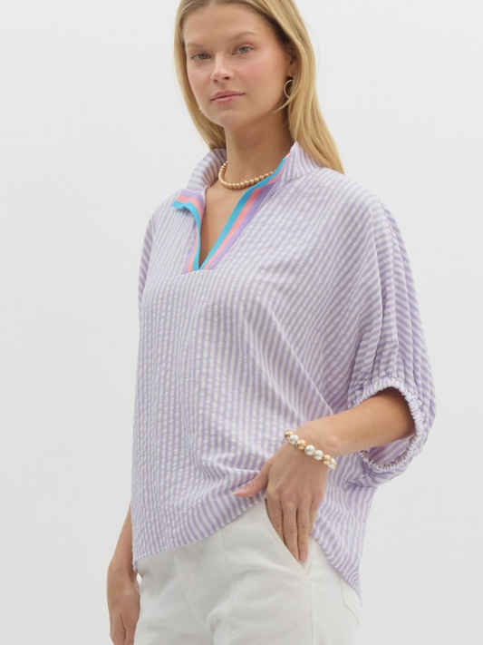 Lavender & White Stripe Contrast Collar Top