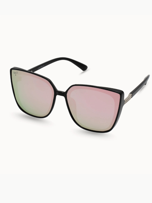 Sunglasses with pink-tinted lenses on a white background