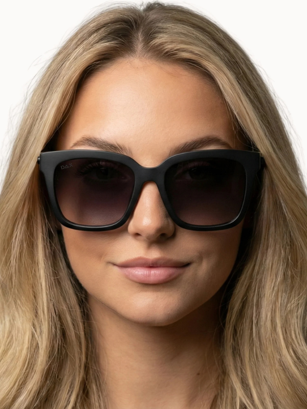 woman wearing black framed sunglasses with black lenses