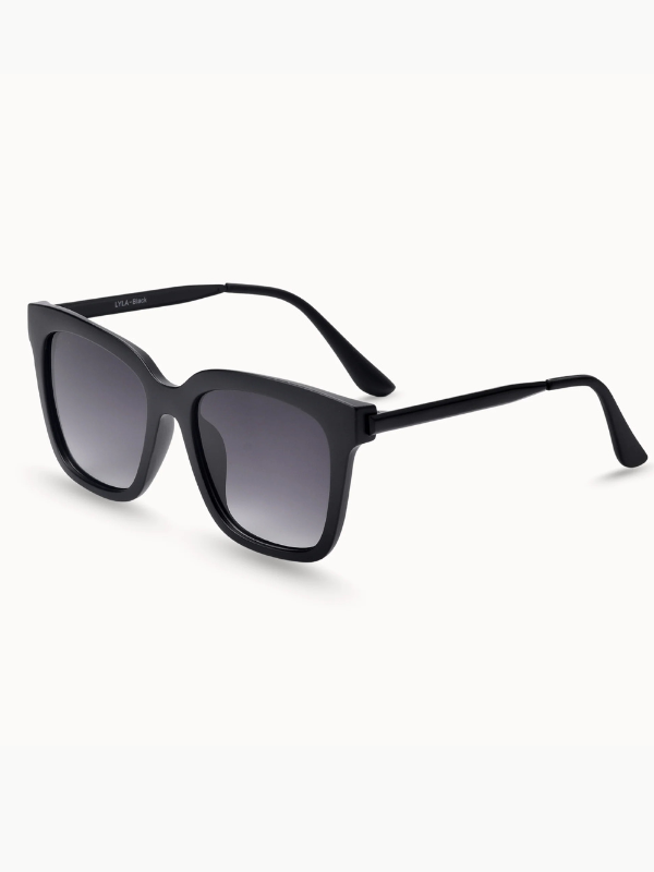 black framed sunglasses with black lenses