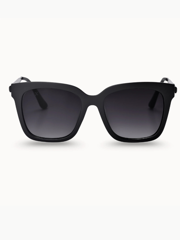 black framed sunglasses with black lenses