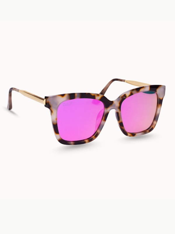 Sunglasses with tortoiseshell frame and pink lenses on a white background