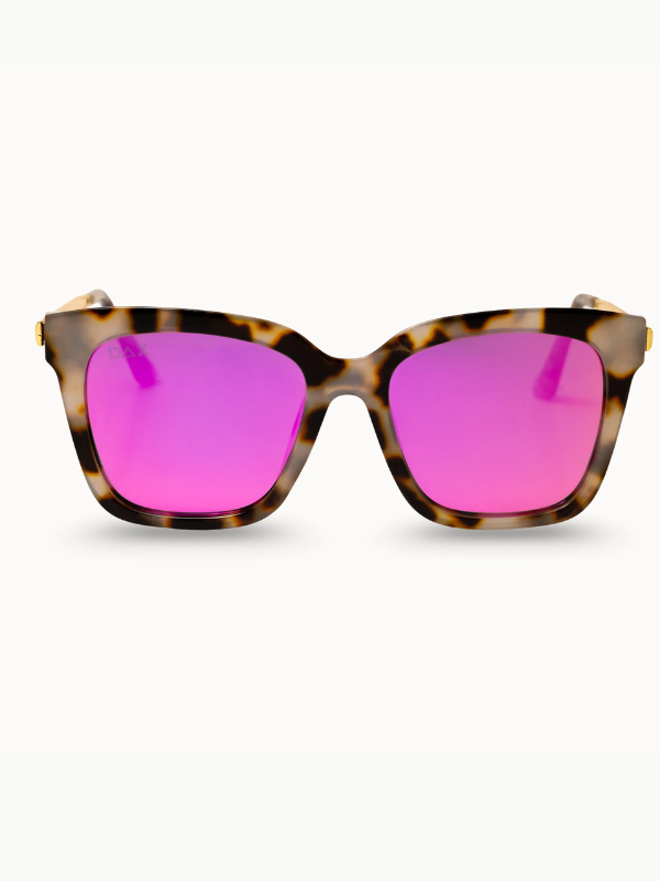 Sunglasses with tortoiseshell frame and pink lenses on a white background