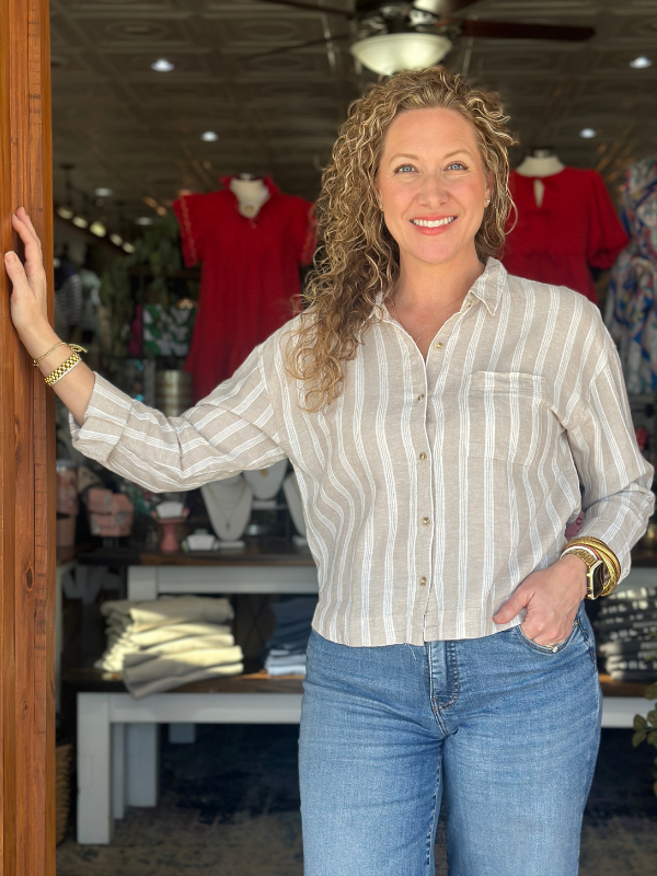 Madelyn Shirt - Khaki + Cream Stripe