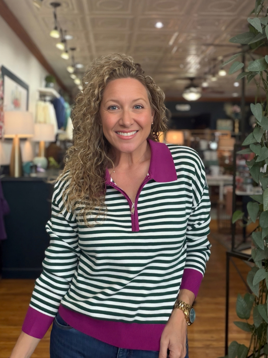 Magenta + Green Collared Zip Stripe Sweater