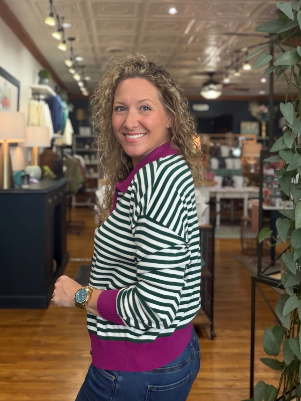 Magenta + Green Collared Zip Stripe Sweater - Themasonboutique
