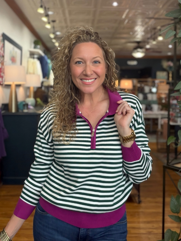 Magenta + Green Collared Zip Stripe Sweater - Themasonboutique