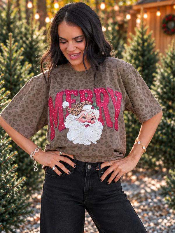 Merry Santa Leopard Tee - Themasonboutique