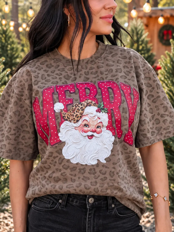 Merry Santa Leopard Tee - Themasonboutique