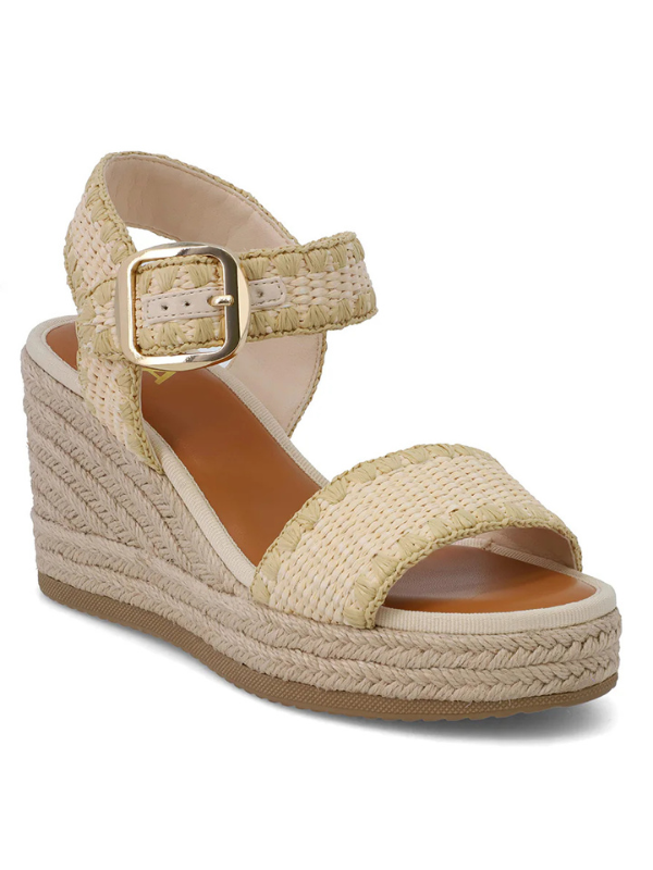 Beige wedge sandal with espadrille sole on a white background