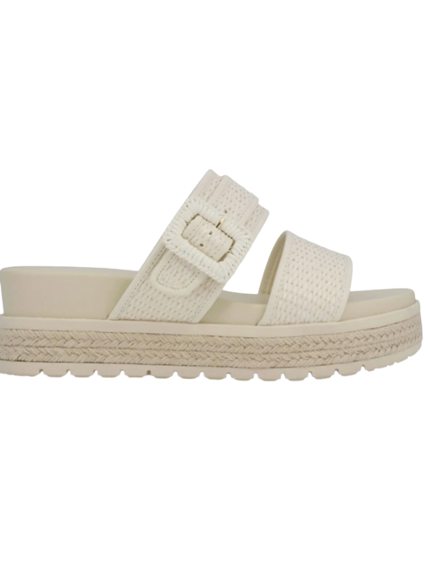 Beige sandal with a woven sole on a white background