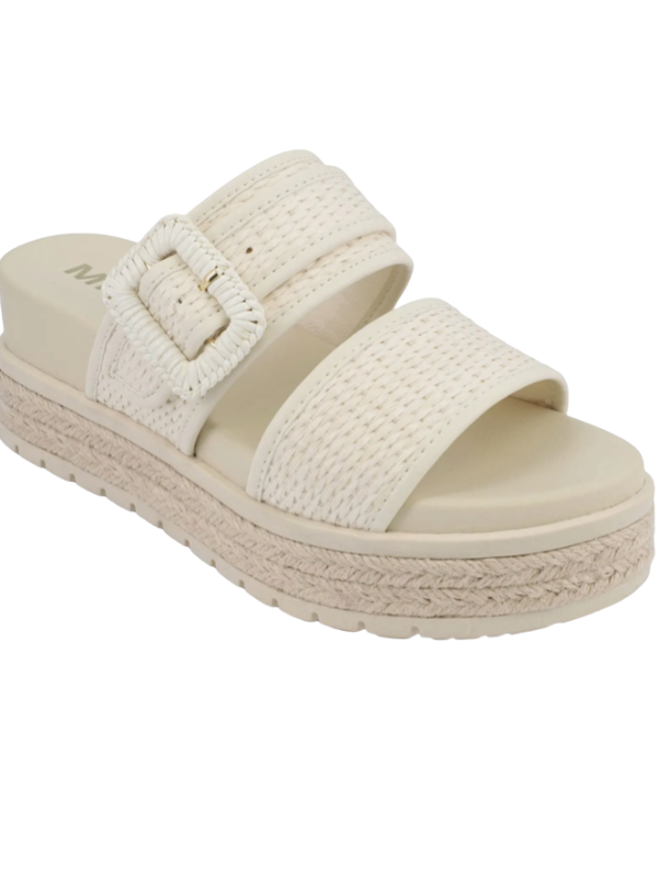Beige sandal with a woven strap and platform sole on a white background