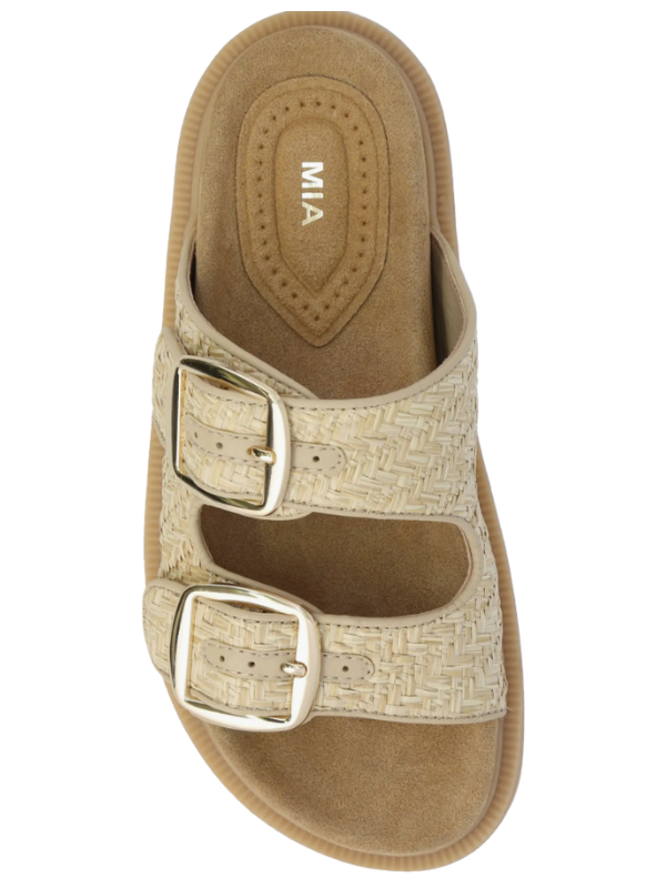 Beige sandal with two buckles on a white background