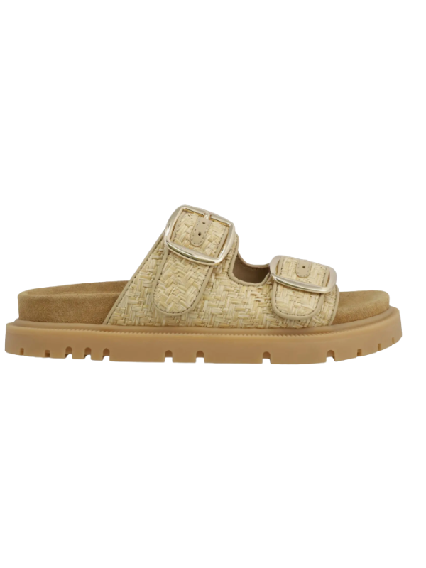 Beige sandal with a textured strap design on a white background