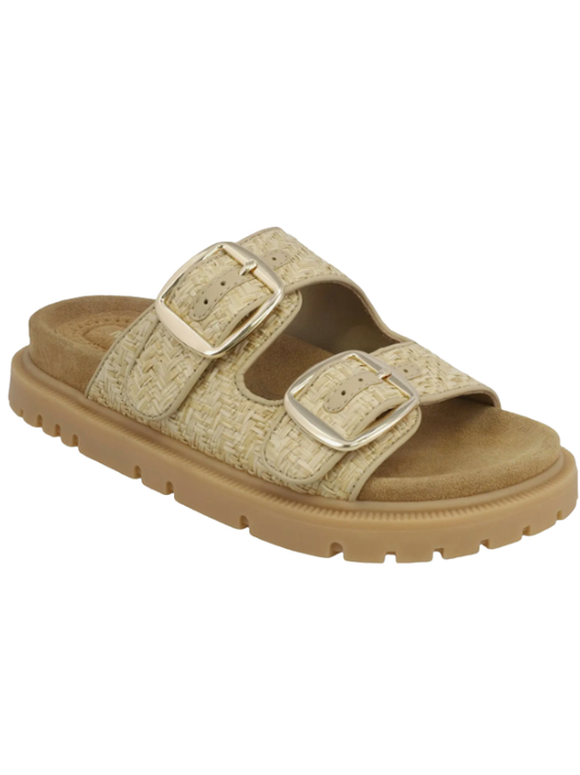 Beige sandal with two buckles on a white background
