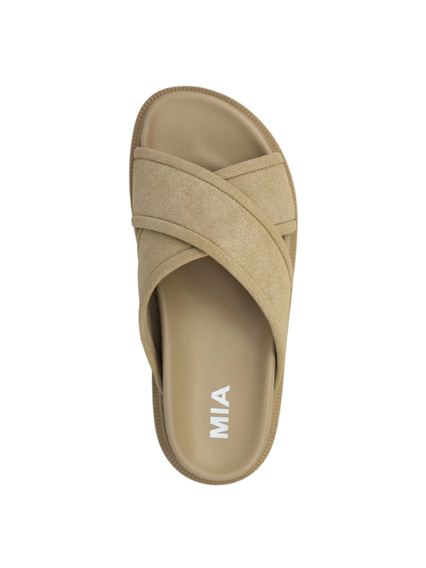 Beige sandal with 'MIA' branding on a white background