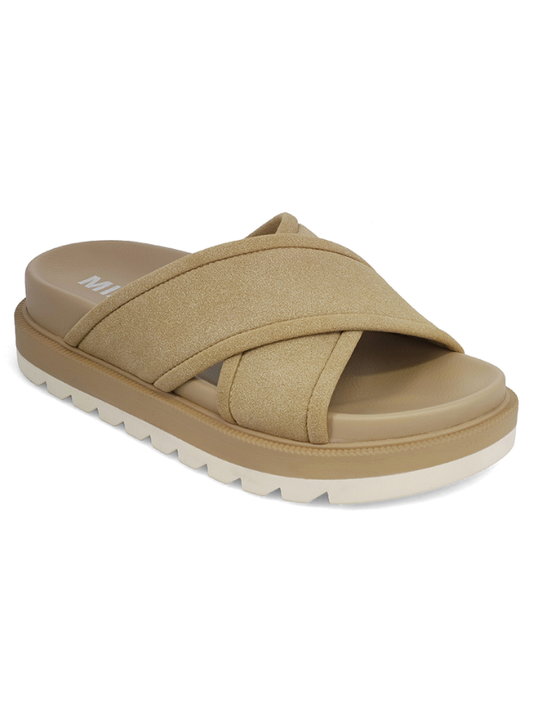 Beige sandal with criss-cross straps on a white background