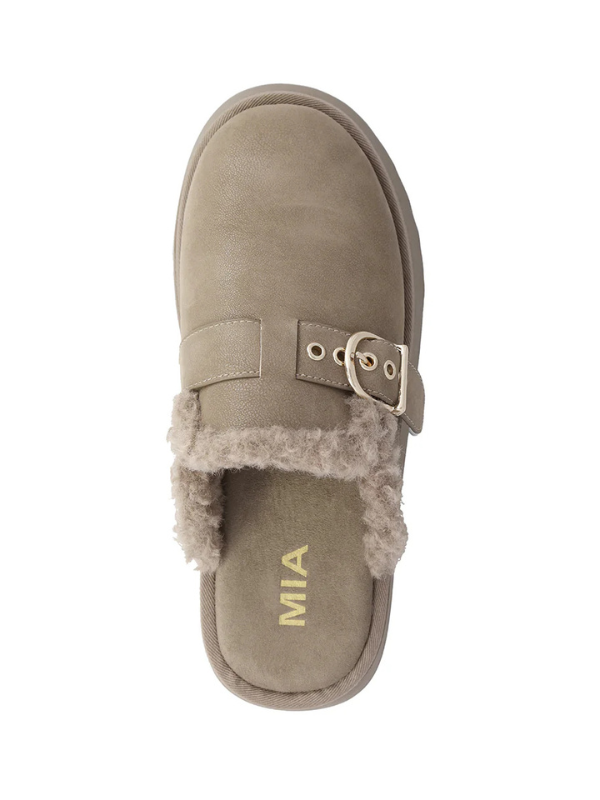 Beige slipper with fur lining and 'MIA' branding on a white background