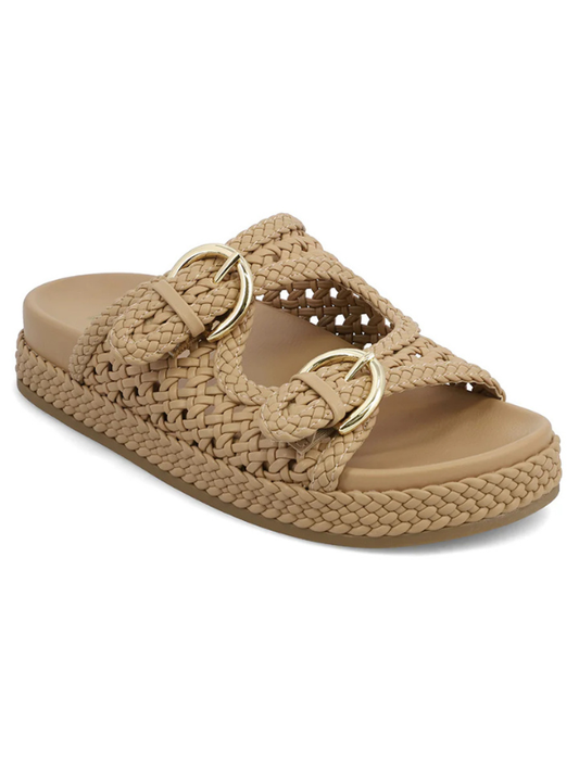 Beige woven sandal with gold rings on a white background