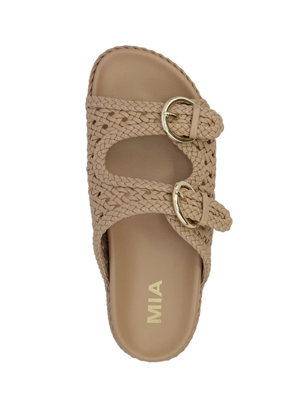 Beige woven sandal with a gold buckle on a white background