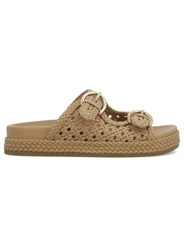 Beige woven sandal with a strap on a white background
