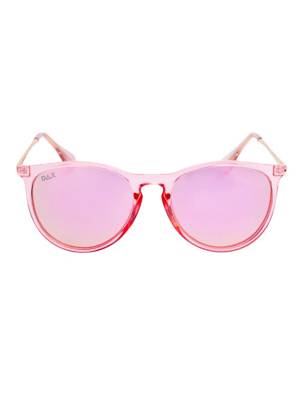 Pink sunglasses with a white background