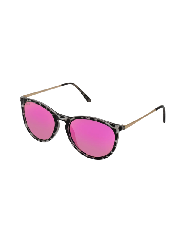 Sunglasses with pink lenses and a tortoiseshell frame on a white background