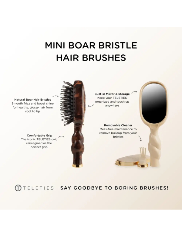 Teleties mini boar bristle hair brushes with features highlighted on a white background