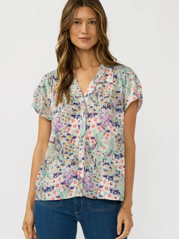 Mint + Lilac Flutter Sleeve Hidden Button Down Top - Themasonboutique