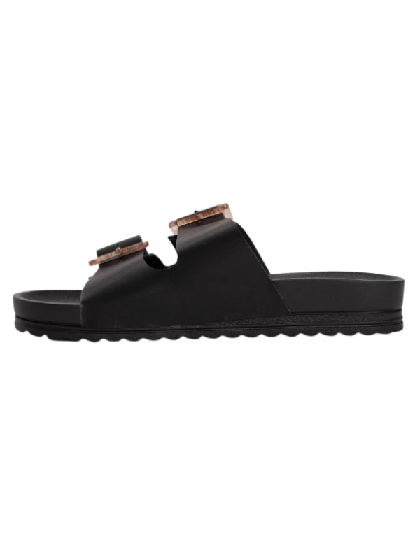 Black sandal with brown accents on a white background