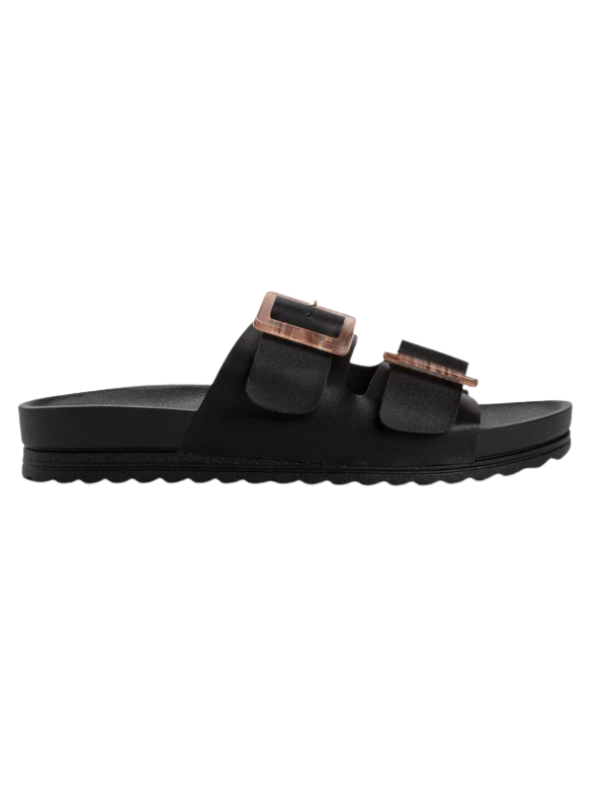 Black sandal with brown straps on a white background