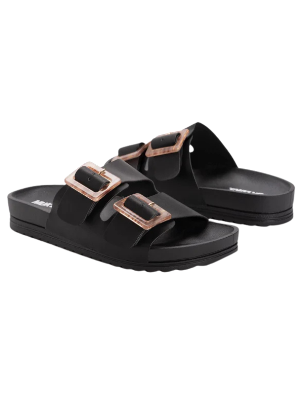 Black sandals with rose gold buckles on a white background
